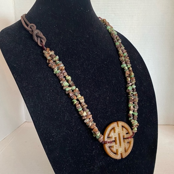 Brown Nephrite Jade Ornate Carved 2.25" Pendant Adjustable Statement Necklace - Picture 2 of 16